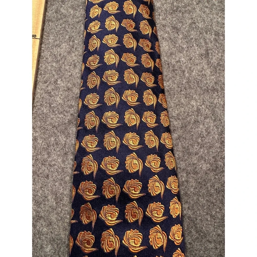 Garrick Anderson Mens Silk Tie Navy Blue Gold Floral Medallion Made in England
